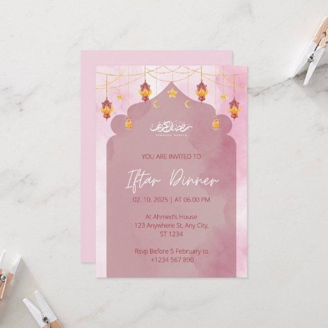 Convite de jantar Iftar mesquita rosa ramadan (Frente/Verso In Situ)