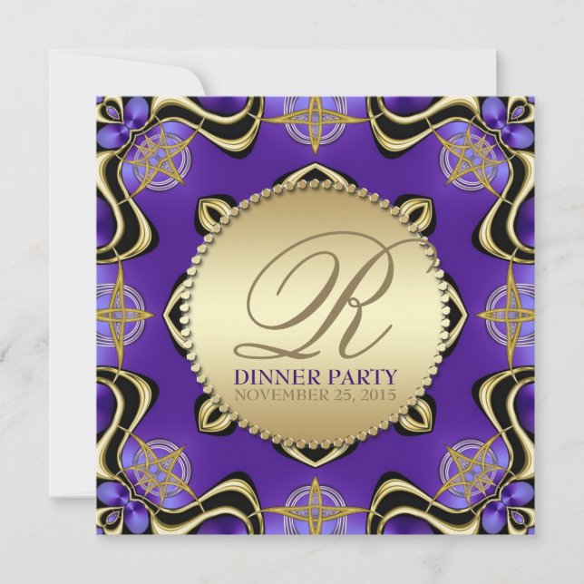 Convite de jantar roxo preto gótico dourado (Frente)