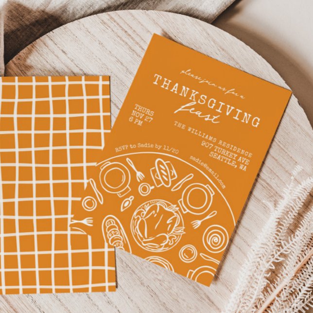 Convite de Janto de Ação de Graças Desenhado à Mão (Criador carregado)
