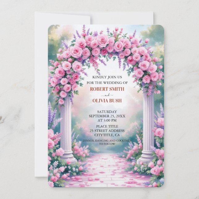 Convite de Jardim com Arco de Rosa Rosa Aquarela (Frente)