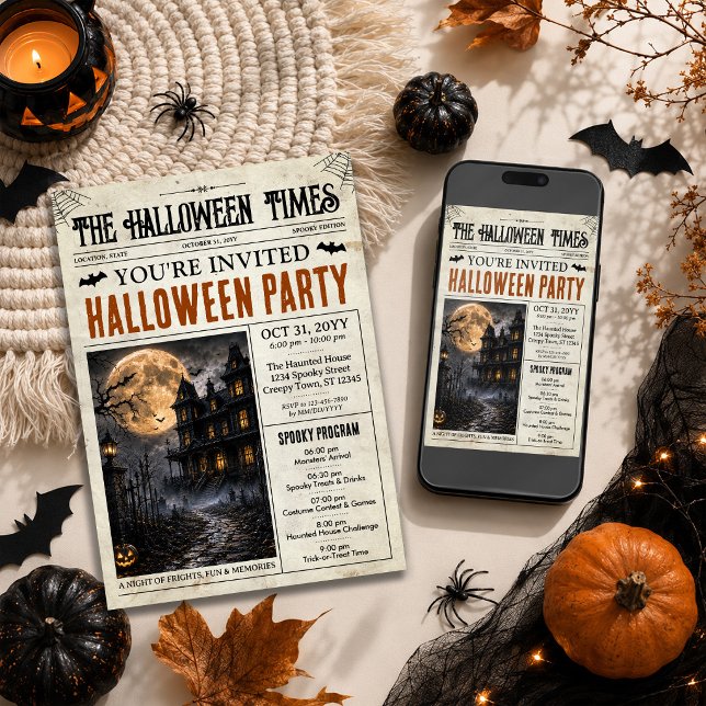 Convite de Jornal de Halloween com Programa (Halloween Newspaper Invitation with Program | Personalized Spooky Party Invite)