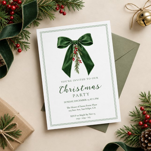 Convite de Laço de Natal Verde Elegante (Criador carregado)
