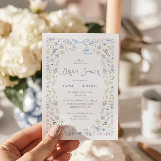 Convite de Laço para Brunch de Noiva Floral Azul e (Blue Floral Bridal Shower Invitation)