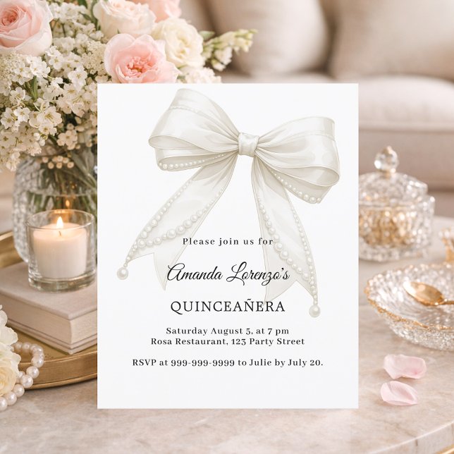 Convite de laços de quinceanera pérolas brancas ma (Criador carregado)