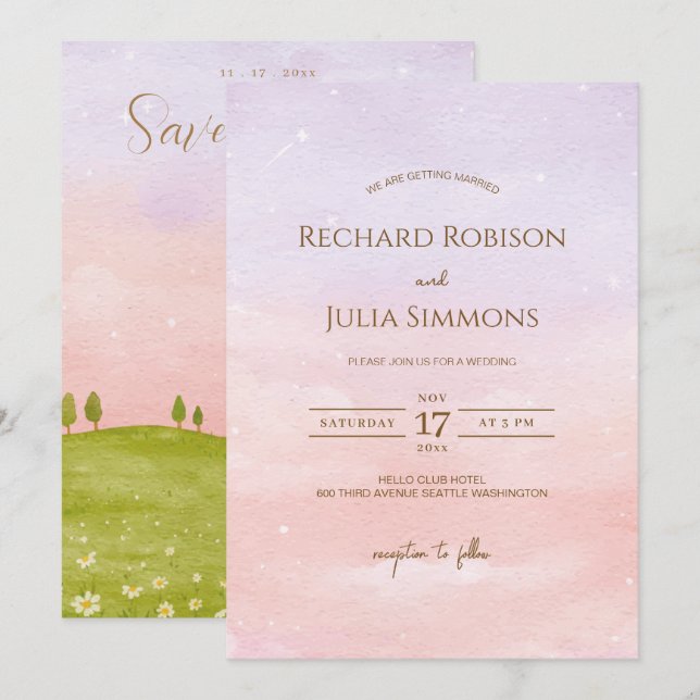 Convite de LILAC Save The Date / Aquarela Rosa (Frente/Verso)