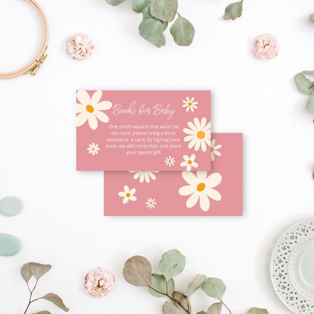 Convite de livros para chá de bebê retro rosa dese (Retro daisy pink desert baby shower books request enclosure card books for baby daisy themed pink)
