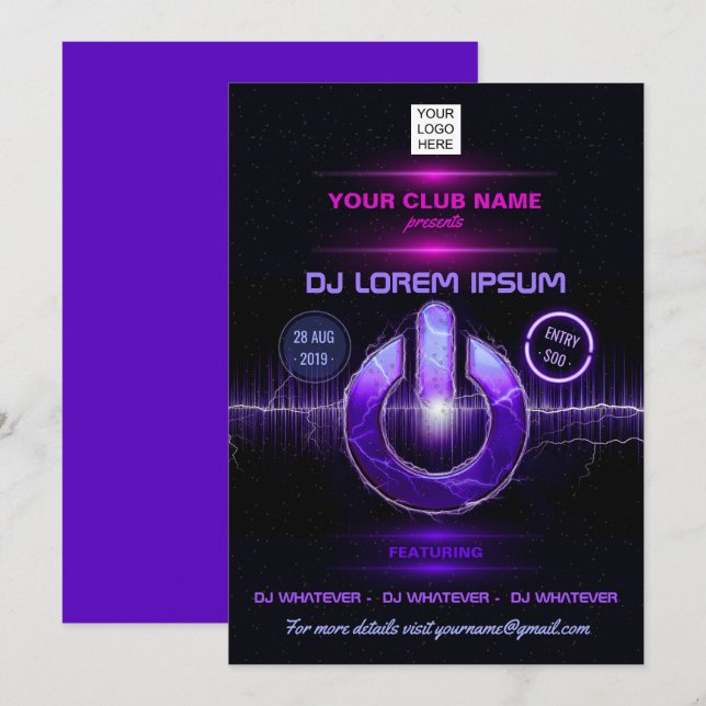 Convite de logotipo para adicionar música DJ e Dan (Frente/Verso)