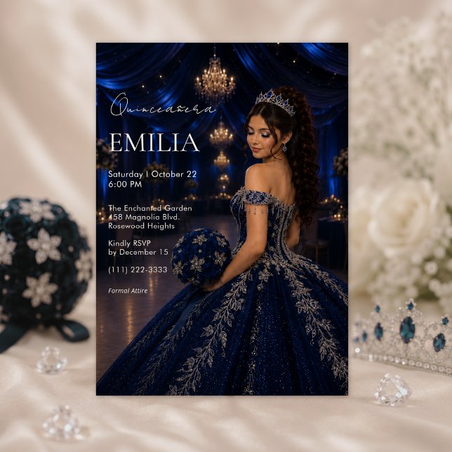 Convite de Luxo Azul Marinho e Prata para Quinceañ (Criador carregado)
