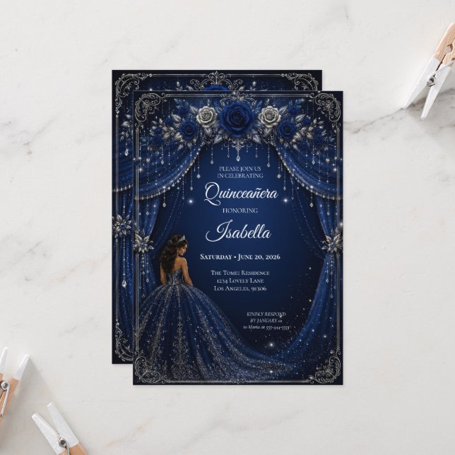 Convite de Luxo Azul Real Quinceañera Princesa (Frente/Verso In Situ)