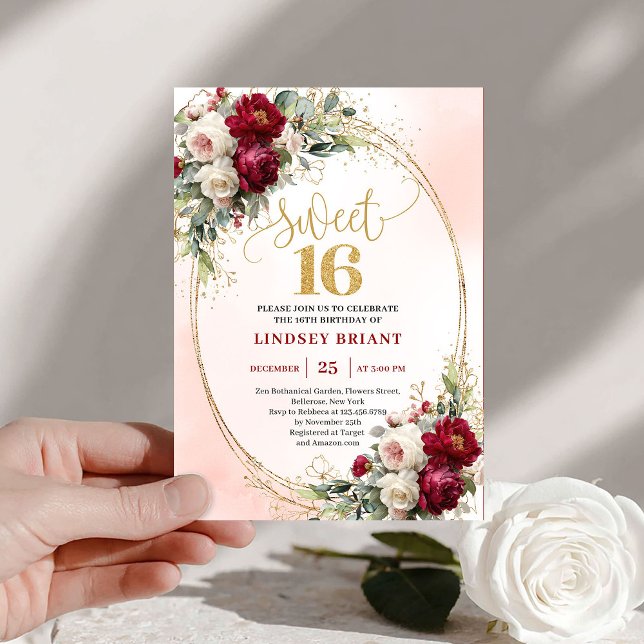 Convite de Luxo Boho Marrom Dourado Floral Sweet S (Luxury Boho Maroon Gold Floral Sweet Sixteen Invite)