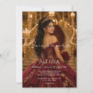 Convite de Luxo Burgundy Dourado para Quinceañera