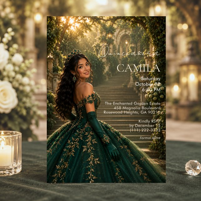 Convite de Luxo Esmeralda Dourado para Quinceañera (Criador carregado)