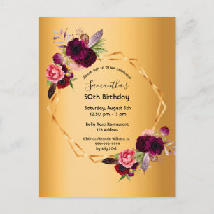 Convite de luxo floral dourado para festa de anive