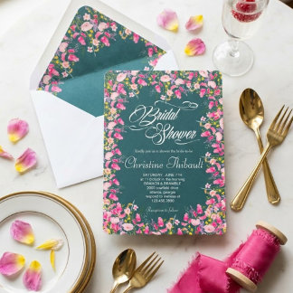 Convite de Luxo Rosa Floral para Chá de Noiva