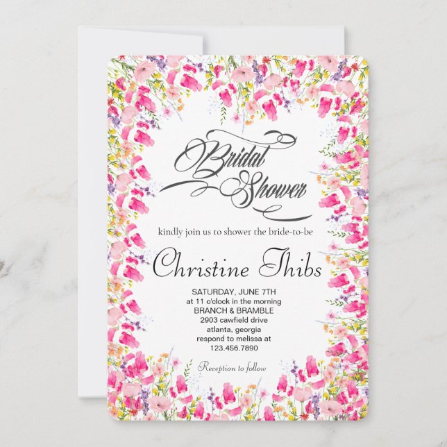 Convite de Luxo Rosa Floral para Chá de Noiva (Frente)