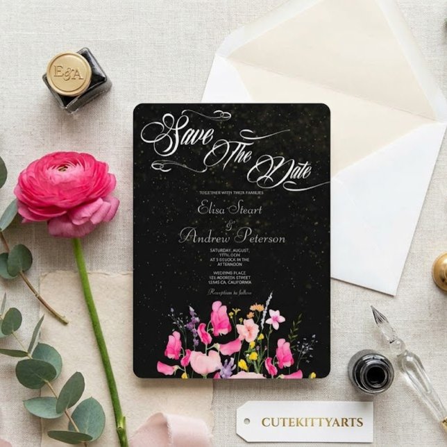 Convite de Luxo Rosa Floral para Salvar a Data (Criador carregado)