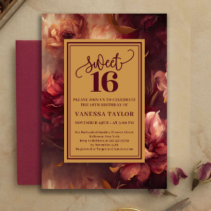 Convite de Luxo Sweet 16 Borgonha Floral Dourado