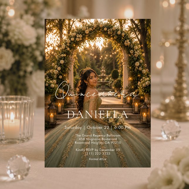 Convite de Luxo Verde Sage para Quinceañera (Criador carregado)