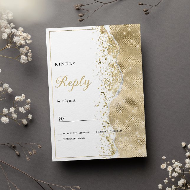 Convite de luxuoso branco com brilho dourado RSVP (Classy luxury white gold glitter bokech RSVP)