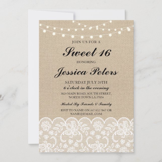 Convite de Luzes de Aniversário de Sweet 16 Rustic (Frente)