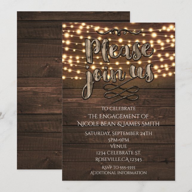 Convite de Luzes de Corda Elegantes de Madeira Rús (Frente/Verso)