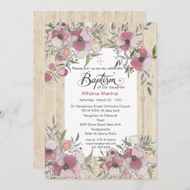 Convite de madeira do baptismo de Athena (Frente/Verso)