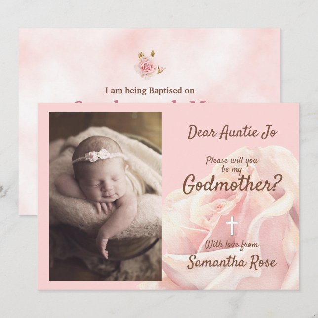 Convite de madrinha com rosa cor de rosa (Frente/Verso)