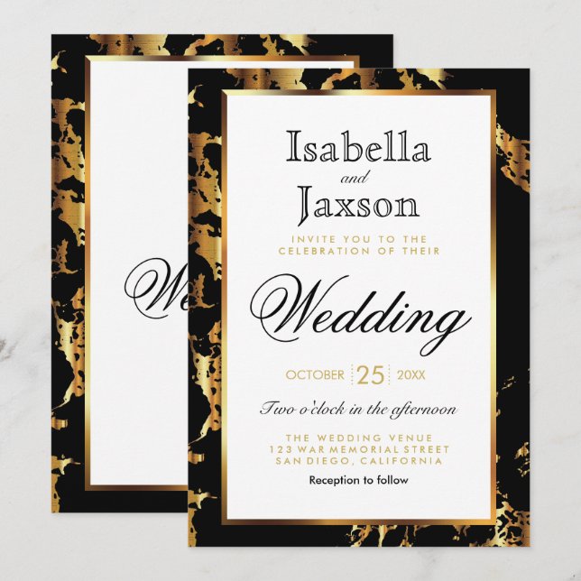 Convite de mármore preto e Dourado elegante (Frente/Verso)
