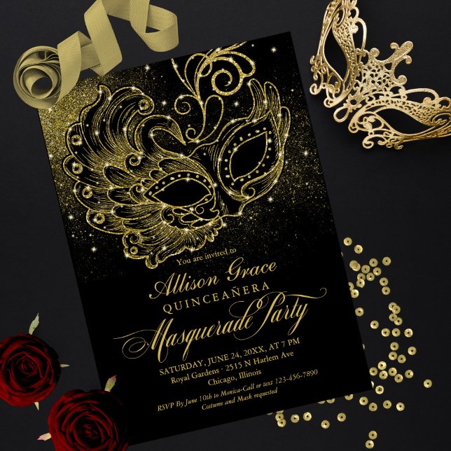 Convite de Máscara de Quinceanera Ouro Preto (Criador carregado)