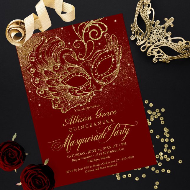 Convite de Mascarada de Quinceanera Dourado Borgon (Criador carregado)