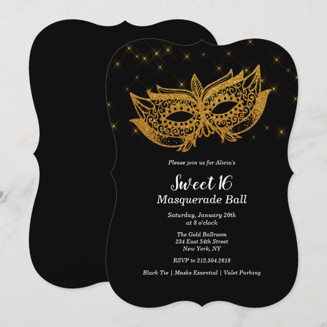 Convite de Mascarada Máscara Dourada Sweet 16 (Frente/Verso)