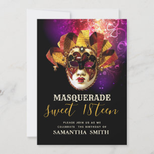 Convite de Mascarada Preto Roxo Dourado Chique
