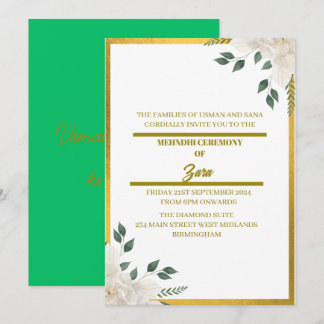 Convite de Mehndi Floral Verde e Dourado Personali