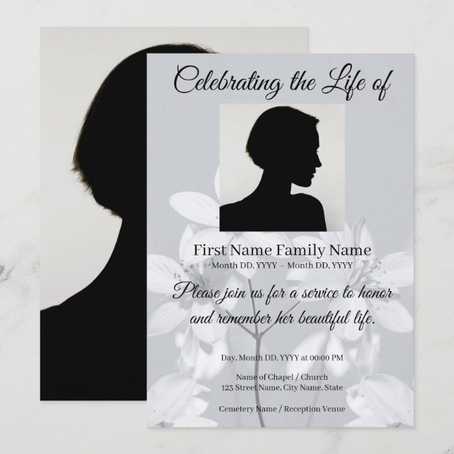 Convite de memorial de flor cinza (Frente/Verso)