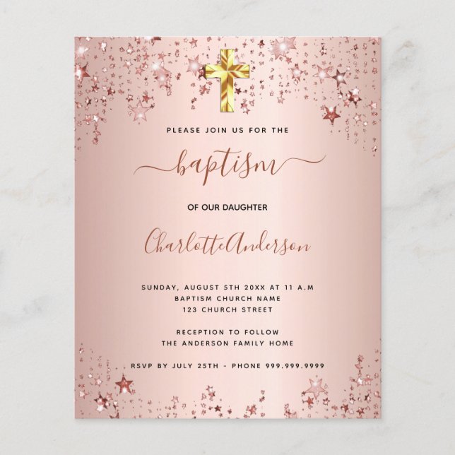 Convite de menina de ouro rosa estrelas orçamento  (Frente)