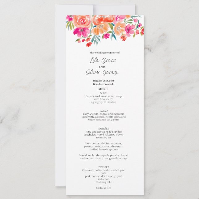 Convite de Menu de Casamento de Flores Selvagens E (Frente)
