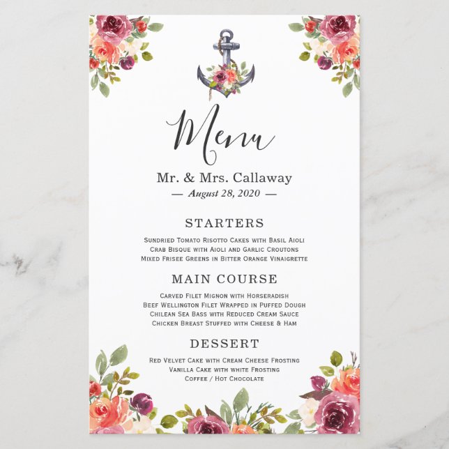 Convite de Menu de Casamento Floral Âncora Marinha (Frente)