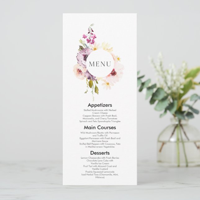 Convite de Menu de Casamento Floral Elegante (Em pé/Frente)