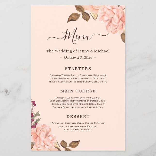 Convite de Menu de Casamento Floral Rosa Bege (Frente)