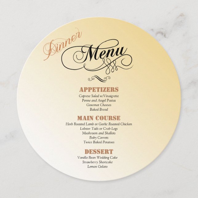 convite de menu de jantar de casamento redondo (Frente)