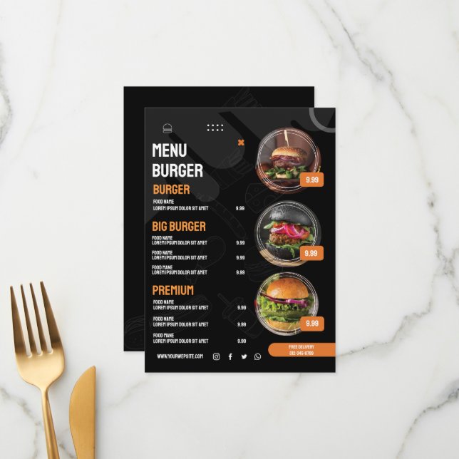 Convite de Menu de Restaurante de Hambúrguer Elega (Frente/Verso In Situ)