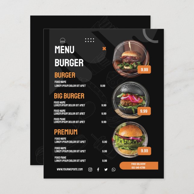 Convite de menu do restaurante burger preto Elegan (Frente/Verso)
