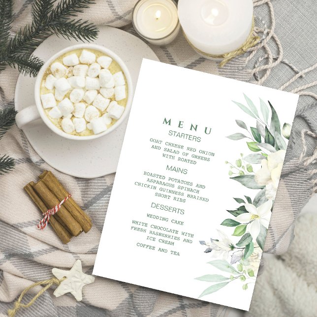 Convite de Menu Floral Branco Modern Greenery (Celebrate in style with our chic white floral menu invitation, ﻿#WeddingSeason #watercolorflowers)