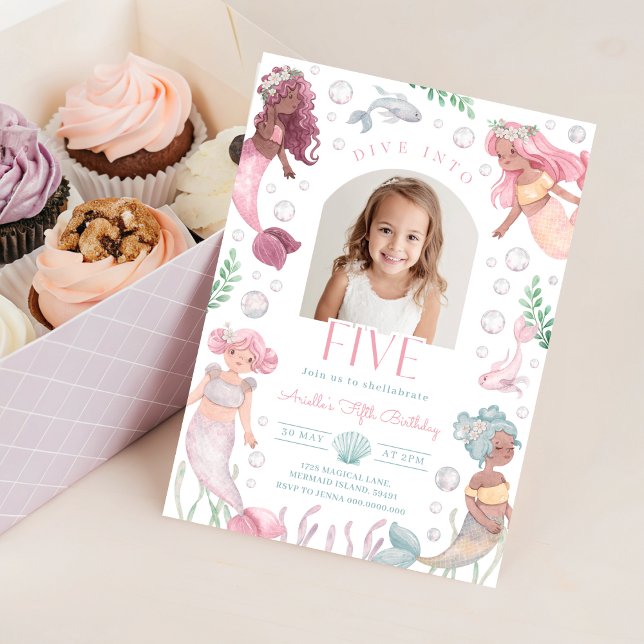 Convite de Mergulho Editável em Cinco Convites de  (Watercolor Mermaid 5th Birthday Invitation With Picture)