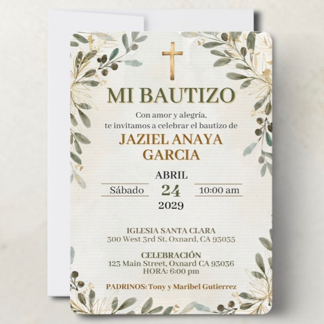 Convite de Meu Batizado para Menino ou Menina ( Mi Bautizo invitation for boy or girl with neutral botanical design and Catholic baptism details)