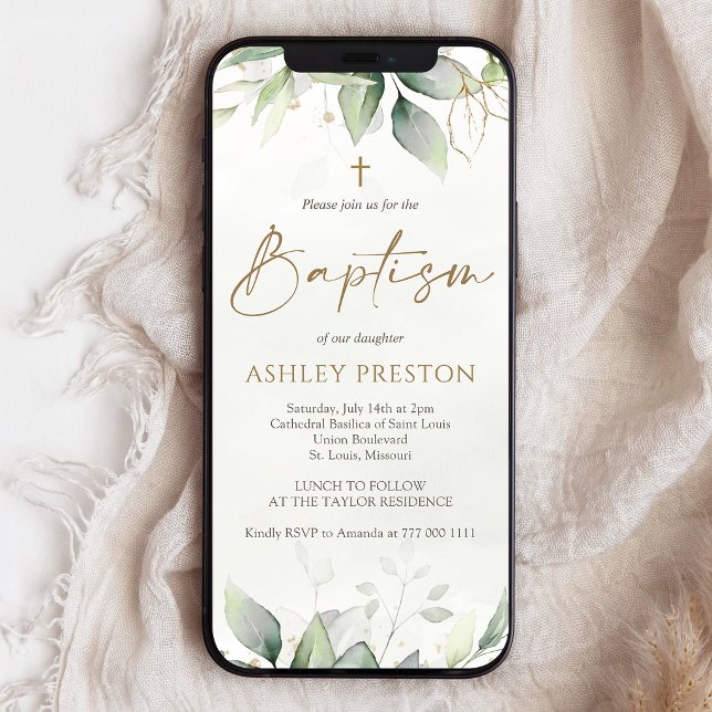 Convite de Móbile de Batismo Verde Eucalipto Doura (Eucalyptus Greenery Gold Baptism Mobile Invite)
