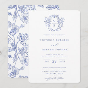 Convite de Monograma com Crista Azul Regência