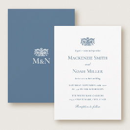 Convite de Monograma de Casamento Elegante Azul Or