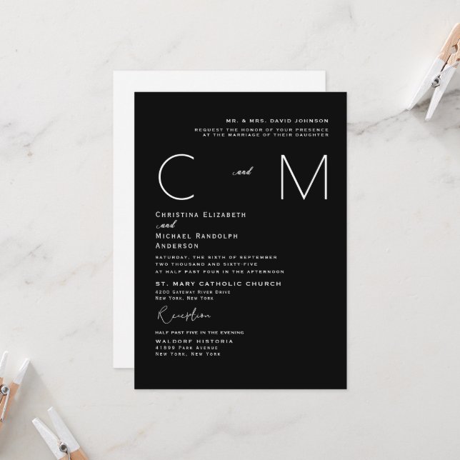 Convite de Monograma de Casamento Moderno Preto e  (Frente/Verso In Situ)