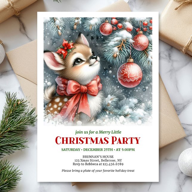 Convite de Natal adorável de cervo bebê na florest (Lovely snowy forest baby deer Christmas invite printable)